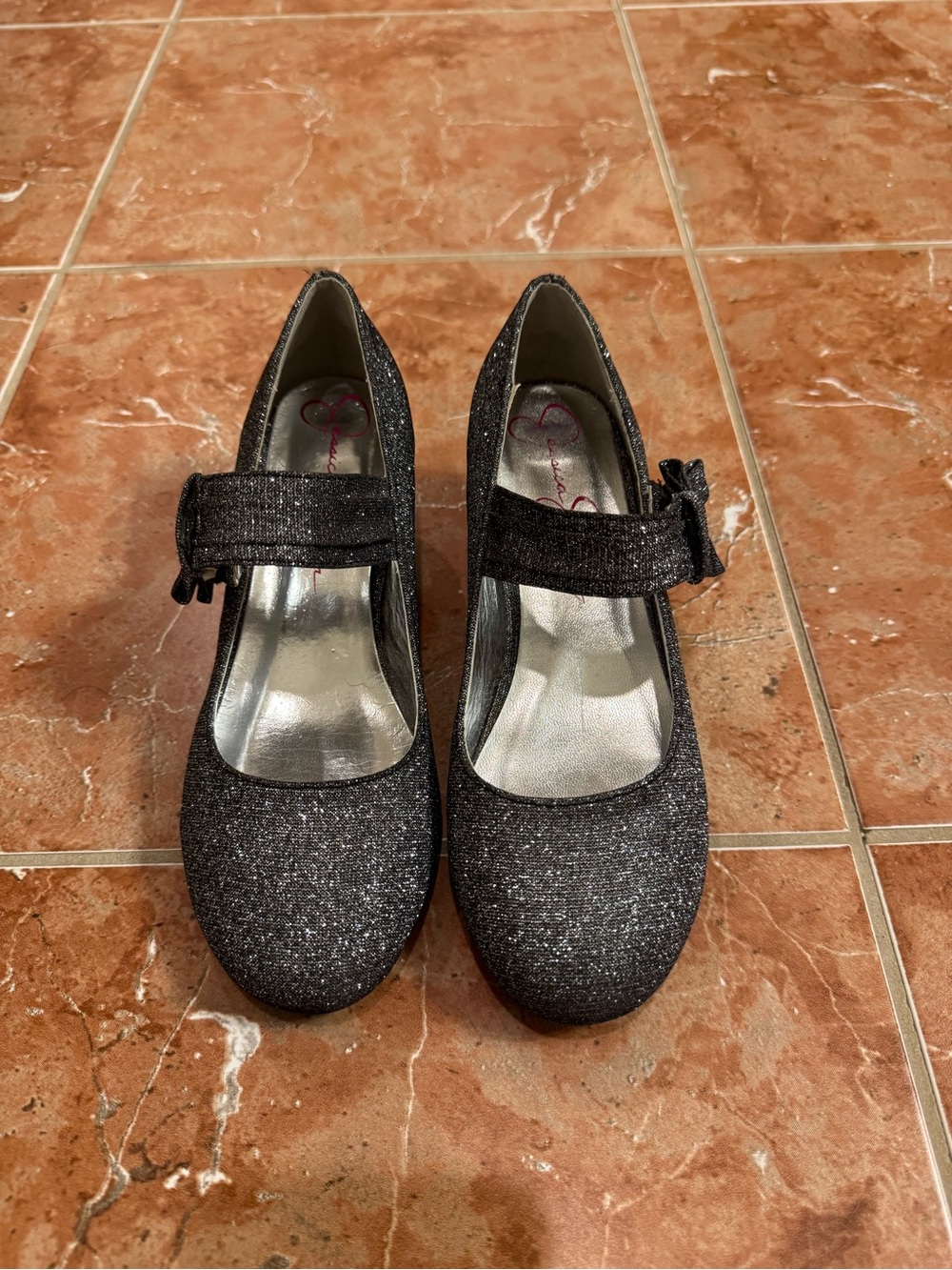 Jessica Simpson Girls Black Glitter Mary Jane Block Heel Dress Shoes Bow Size 3